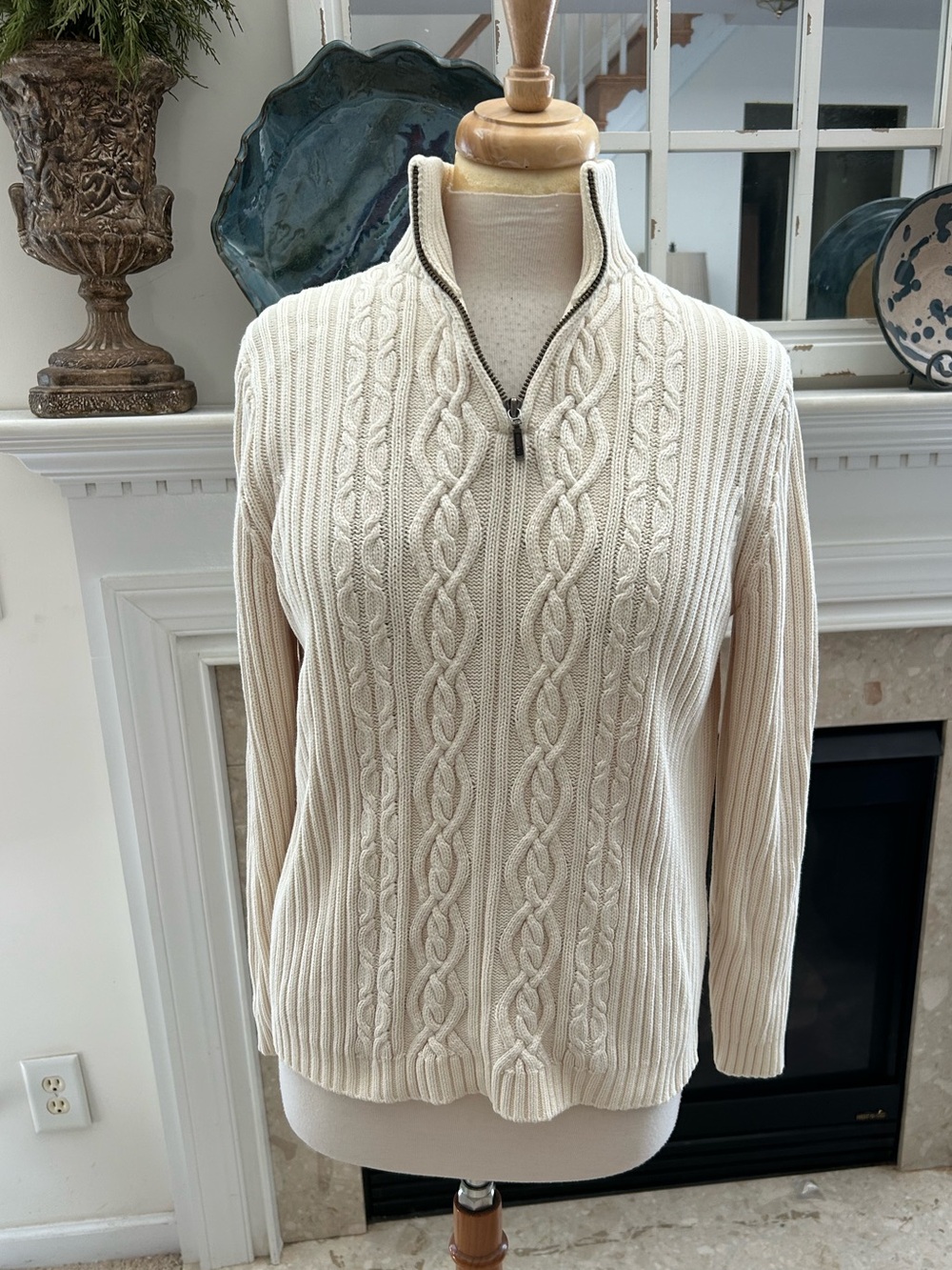 Lands' End Cream Cable-Knit Half-Zip Sweater